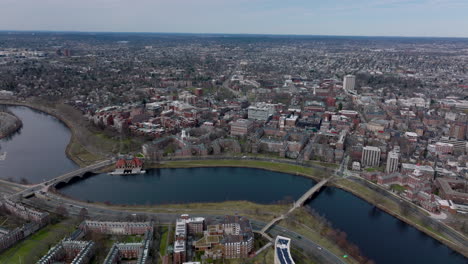 Aerial-panoramic-footage-of-Charles-river-winding-through-city-along-Harvard-University-complex.-Boston,-USA