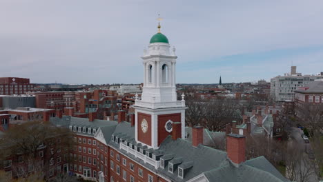 Fly-above-Harvard-University-campus-complex.-Tight-flight-around-white-tower-at-Eliot-House.-Boston,-USA