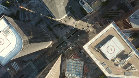 Scenic-View-of-Downtown-Los-Angeles-Skyscraper-Canyon-from-Above,-Looking-down-in-Aerial-Drone-Birds-Eye-View-perspective