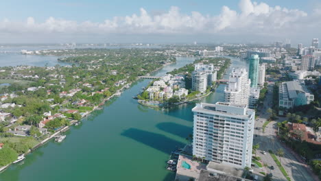 Aerial-shot-of-urban-borough.-Town-development-on-banks-of-Indian-Creek.-Sunny-day-in-city.-Miami,-USA