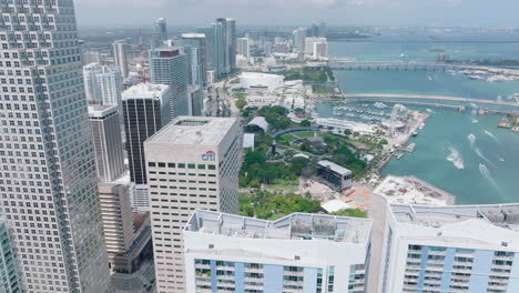 Fly-above-downtown-skyscrapers.-Aerial-panoramic-footage-of-coast-with-highway-and-high-rise-buildings.-Miami,-USA