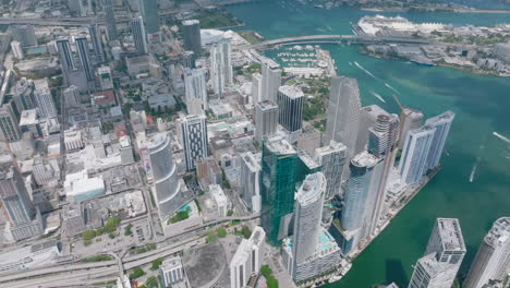 Amazing-aerial-footage-of-group-of-modern-high-rise-buildings-on-waterfront.-Downtown-skyscrapers-towering-above-river.-Miami,-USA