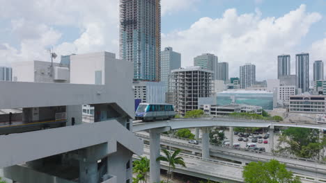 Metromover-rail-car-moving-on-elevated-track-above-highway-in-modern-city.-Public-passenger-transport-concept.-Miami,-USA
