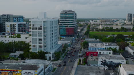 Aerial-view-of-buildings-in-urban-borough.-Heavy-traffic-on-multilane-road-leading-through-city.-Miami,-USA