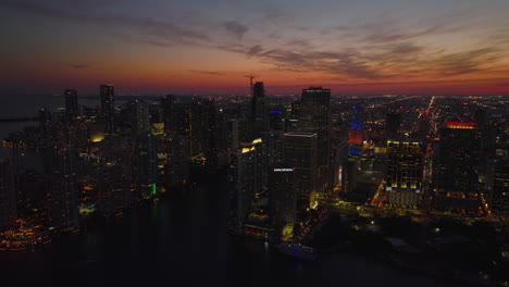 Spectacular-panoramic-footage-of-city-against-colourful-twilight-sky.-Aerial-view-of-downtown-skyscraper-silhouettes.-Miami,-USA