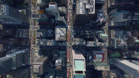Aerial-birds-eye-overhead-top-down-view-of-block-structure-of-city.-Buildings-are-arranged-into-blocks-divided-by-streets.-Manhattan,-New-York-City,-USA