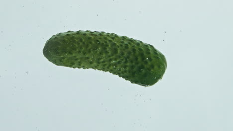 Green-cucumber-rising-water-in-light-background-closeup.-Organic-fresh-vegetable