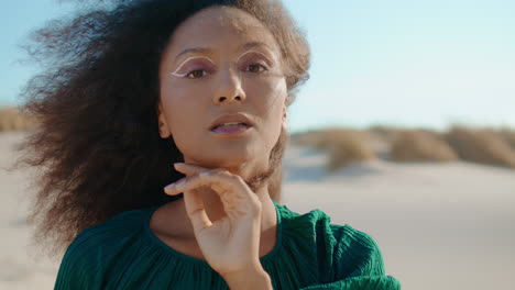 Portrait-woman-performing-desert.-African-american-girl-looking-camera-close-up.