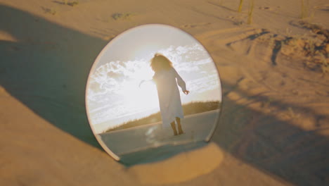 Woman-performer-dancing-sunset-reflecting-in-round-mirror.-Girl-moving-smoothly.