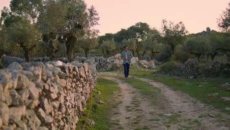 Tanned-guy-observing-garden-nature-alone.-Serious-man-crossing-path-vertically