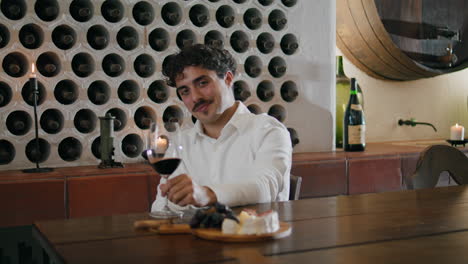 Wine-taster-swirling-red-drink-glass-vertically-closeup.-Sommelier-degustation