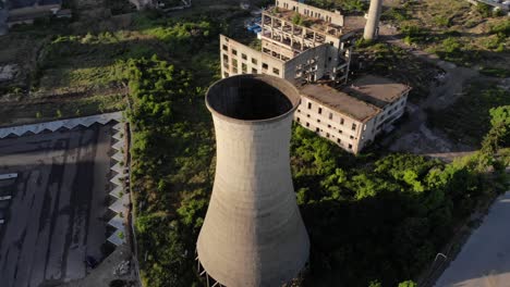 Aerial-view-of-old-coal-fired-power-plant-and-ruined-buildings-with-industrial-architecture