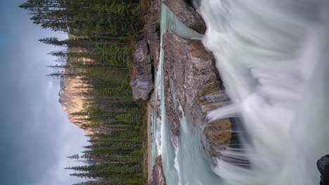 Lapso-De-Tiempo-Vertical-De-4k,-Rápidos-De-Arroyo-De-Montaña-Y-Cascada-Por-Bosque-Siempre-Verde-En-El-Paisaje-Prístino-Del-Parque-Nacional-Yoho,-Canadá