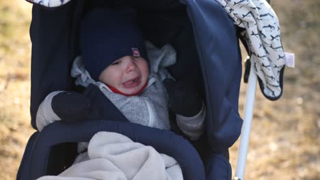 Angry-little-toddler-refuses-to-sleep-in-baby-wagon,-static-medium-shot