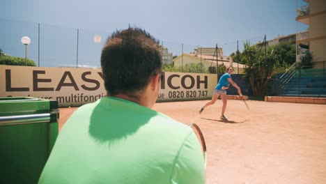 über-Die-Schulter-Von-Tennislehrer-Und-Schüler,-Die-Lernen-Zu-Dienen