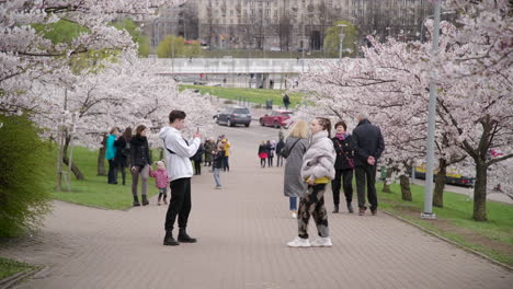 Freund-Fotografiert-Seine-Freundin-Vor-Dem-Sakura-Park-Von-Vilnius-In-Vilnius