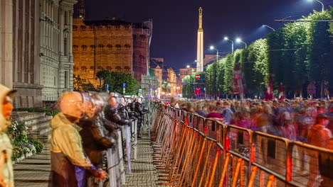 police-riot-troop-make-protective-barrier-between-crowd-of-people-in-protest-against-COVID-19-Restrictions-and-lockdown,-timelapse