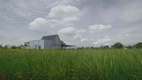 Una-Casa-Cerca-De-Campos-De-Arroz-Con-Un-Cielo-Nublado