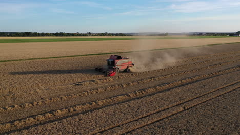 Aerial-View-of-Combine,-Grain-Harvester-Harvesting-Wheat-Crops-in-Agricultural-Field