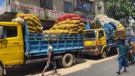 Worker-carrying-garlic-sack-over-head-to-load-in-truck