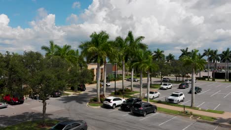 Video-De-Drones-De-4k-De-Palmeras-En-El-Centro-Comercial-En-El-Centro-De-La-Ciudad-Universitaria-En-El-Condado-De-Sarasota,-Florida