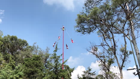 Entfernte-Zeitlupenansicht-Der-Show-Der-Traditionellen-Voladores-De-Papantla-Im-Chaputlepec-wald-Von-Mexiko-stadt