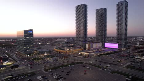 Cinematic-wide-drone-shot-of-new-Vaughan-Metropolitan-Centre-in-Ontario,-Canada