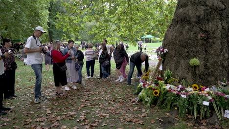 Leute,-Die-Blumen-In-Erinnerung-An-Königin-Elizabeth-Ii-In-Den-Grünen-Park-Bringen