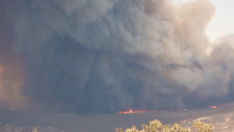 Una-Toma-Distante-De-La-Espesa-Nube-Negra-De-Humo-Proveniente-Del-Furioso-Incendio-Forestal-De-Fairview-Mientras-Arde-Y-Destruye-El-Paisaje-De-La-Cima-De-La-Montaña,-Hemet,-California