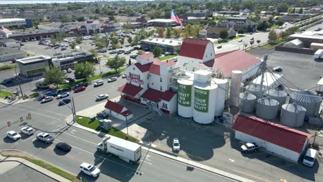 Historic,-famous-Lehi-Roller-Mills-in-Utah---aerial-flyover-tilt-down-view