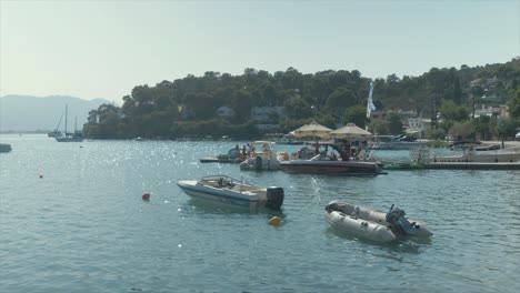 Speedboats-moored-Greek-waterski-resort-sunshine-bay