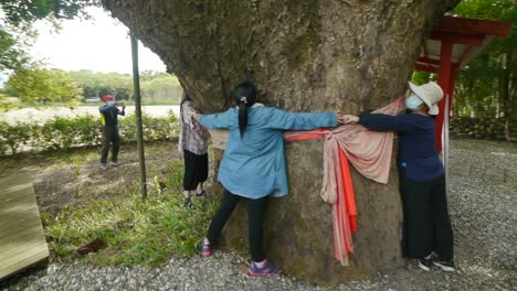 Mujeres-Asiáticas-Con-Máscaras-Faciales-Y-Abrazando-Un-árbol-Gigante-Al-Lado-Del-Templo-Chino