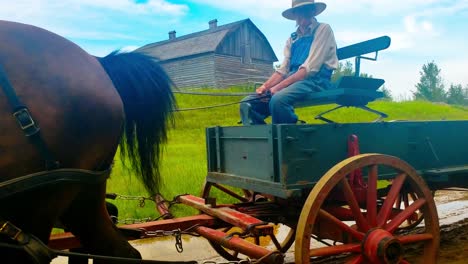 Un-Vagón-De-Madera-Tirado-Por-Caballos-Se-Cierra-Mientras-Pasan-Por-Una-Tradición-De-Principios-De-1900,-Una-Famosa-Comunidad-De-Inmigrantes-Que-Emigraron-A-La-Zona-Rural-De-Alberta,-Canadá,-En-Una-Carretera-Intermedia-Con-Un-Charco-De-Reflexión-Ucraniano