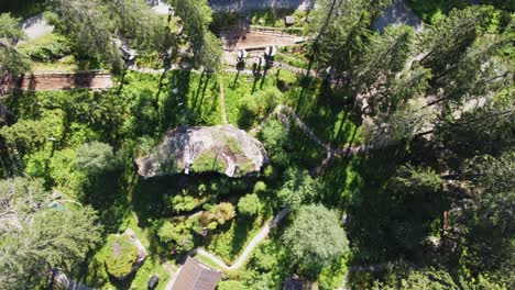 High-rope-and-zipline-park-by-Voss-Active-seen-from-birdseye-view---Aerial-looking-down-into-climbing-park-in-Voss-Norway