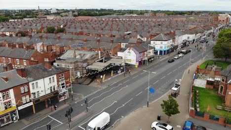 Drone-shot-of-Belgrave-Road-which-is-a-Hindu-populated-area-of-Leicester,-UK