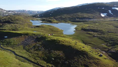 Tenting-campsite-in-wild-Norway-nature-close-to-road-rv13-crossing-Vikafjell-mountain-between-Voss-and-Sogn