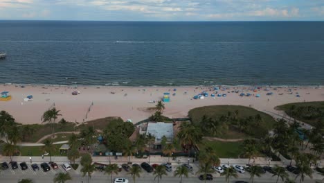 Birds-Eye-Aerial-View-of-Streets-and-Light-Traffic-in-Pompano-Beach,-Florida-USA,-Top-Down-Drone-Shot,-A1A,-Atlantic-Ocean