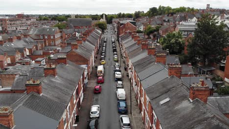 Drone-shot-of-Green-Lane-Road-which-is-a-majority-Muslim-area-in-Leicester,-UK