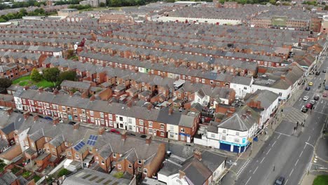 Drone-shot-of-Belgrave-Road-which-is-a-Hindu-populated-area-of-Leicester,-UK