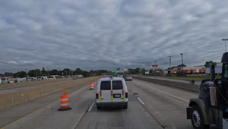 POV-truck-standing-in-a-traffic-jam-on-the-American-highway-in-Indiana,-USA