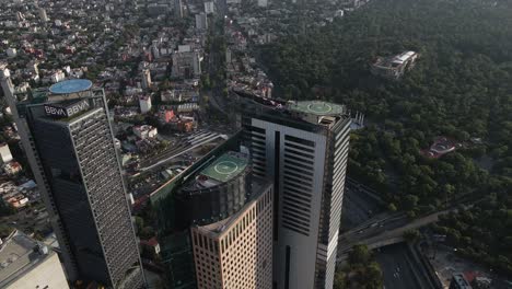 Aerial-View-Of-Torre-BBVA,-Torre-Mayor,-Torre-Reforma,-and-Ritz-Carlton