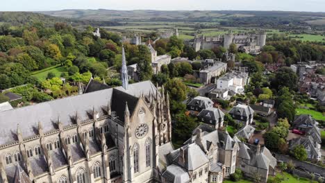 Drone-shot-of-Cathedral-of-Our-Lady-and-St-Philip-Howard-in-Arundel,-Kent,-UK