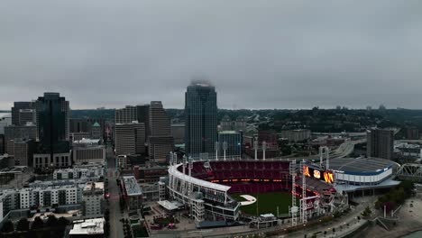 Aerial-view-away-from-the-Great-American-Ball-Park,-dramatic-evening-in-Cincinnati,-USA---reverse,-drone-shot