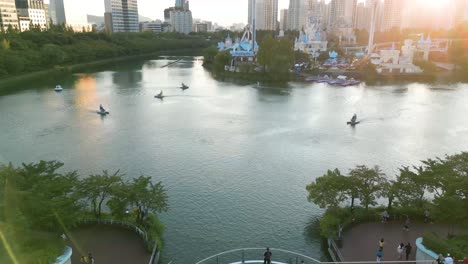 Drone-Shot-of-Magic-island-near-Lotte-tower,-Seoul,-South-Korea