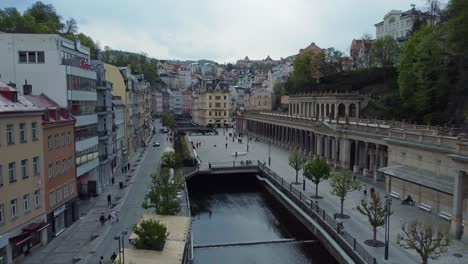 Aerial-drone-view-of-Carlsbad-or-Karlovy-Vary-in-Czech-Republic,-main-passage-with-colonnade,-hot-spring-city