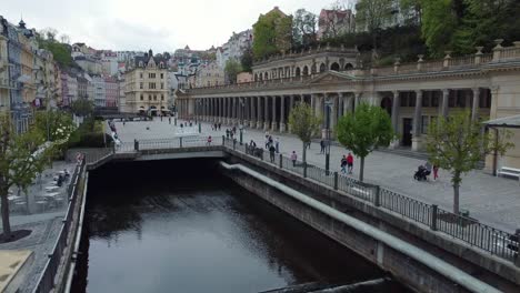 Mill-Colonnade-in-Carlsbad-or-Karlovy-Vary,-aerial-drone-view-along-pedestrian-passage