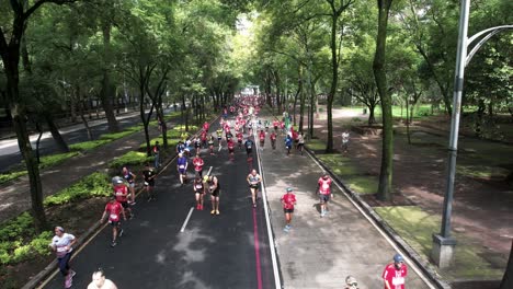 Feste-Drohnenaufnahme-Der-Läufer-Des-Mexico-City-Marathons-Mit-Der-Mexikanischen-Flagge