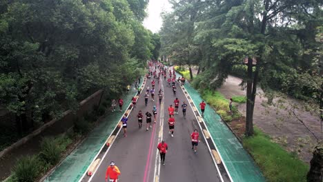 Toma-Fija-De-Drones-De-Los-Corredores-Del-Maratón-De-La-Ciudad-De-México-Mientras-Corren-Por-La-Avenida-Paseo-De-La-Reforma-A-Su-Propio-Ritmo