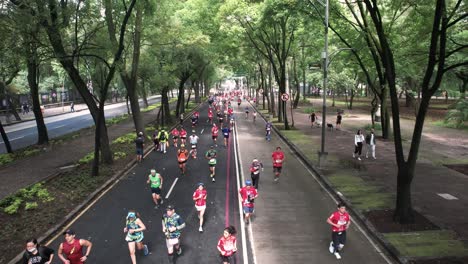 Tiro-De-Dron-Hacia-Atrás-De-Los-Corredores-De-Maratón-De-La-Ciudad-De-México-Que-Llevan-La-Bandera-Mexicana