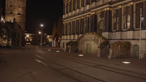 Beautiful-view-of-historical-city-center-in-Ghent,-Belgium-at-night